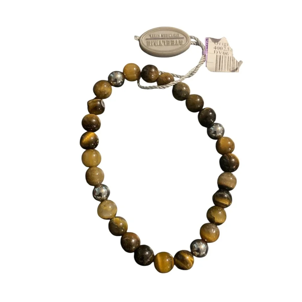 NWT Steeltime Tiger Eye and Stainless Steel Beaded Stretch Bracelet Brown Silver